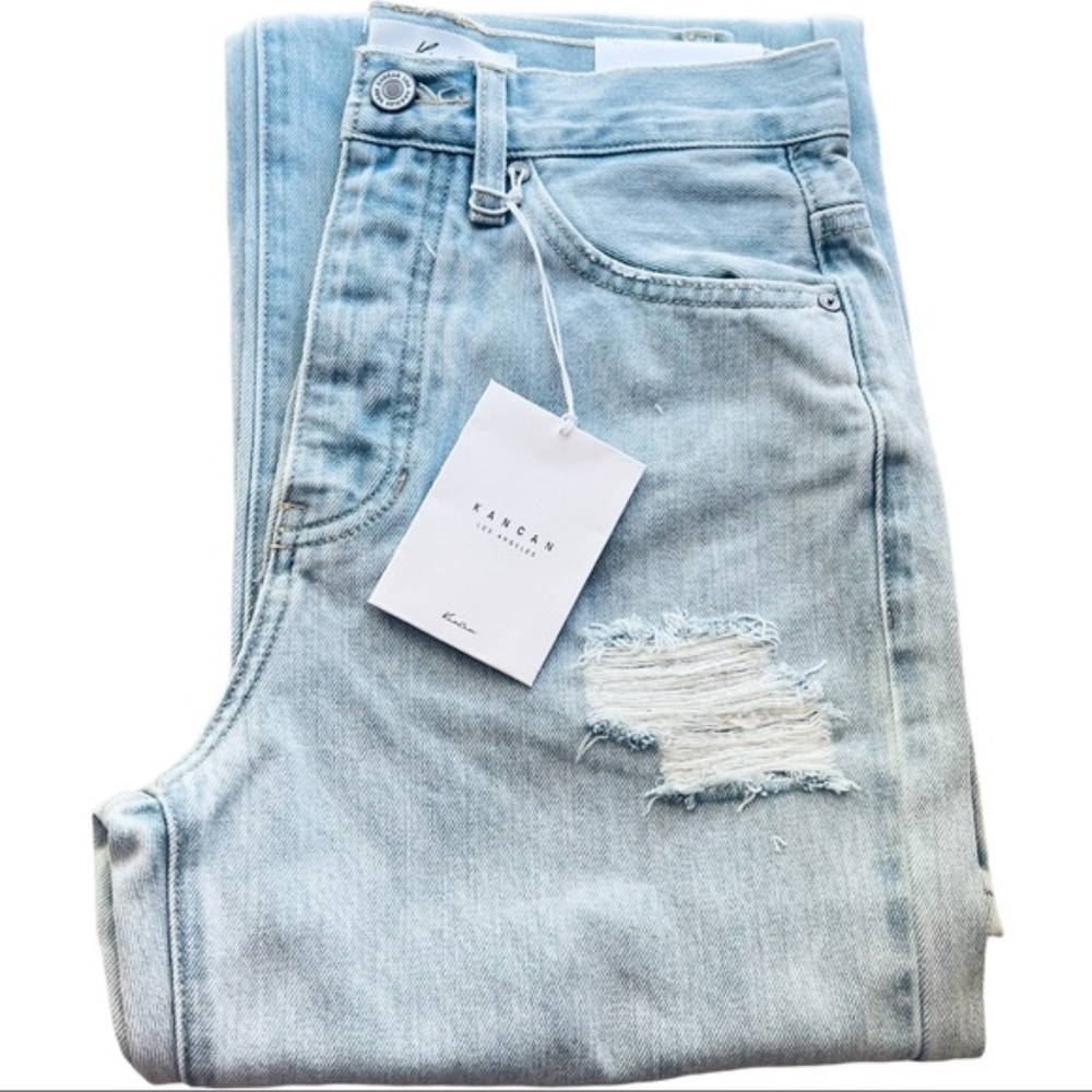 New Kan Can Wide Leg Light Wash High Waisted Distressed Denim Jeans 90s
